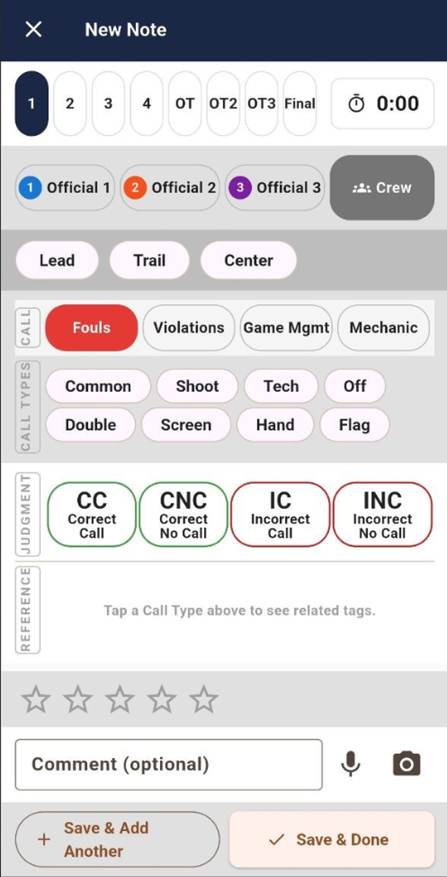 New note screen showing period and game clock, crew positions, call types, and CC/CNC/IC/INC judgment buttons.